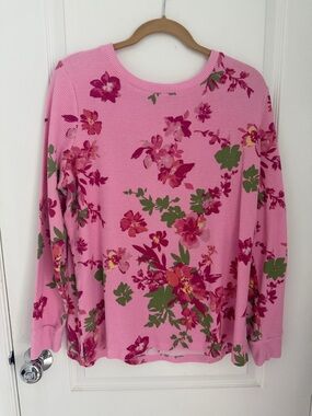 Belle by Kim Gravel Pink Floral Waffle Long Sleeve Top, Sise XL